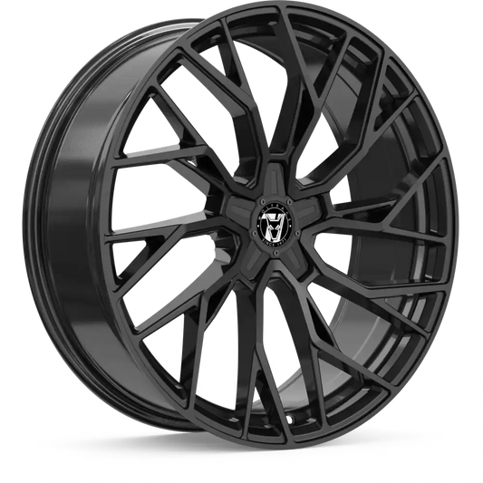 9.5x22 WOLFRACE 71 VOODOO BLACK EDITION GLOSS RAVEN BLACK ALLOY WHEELS